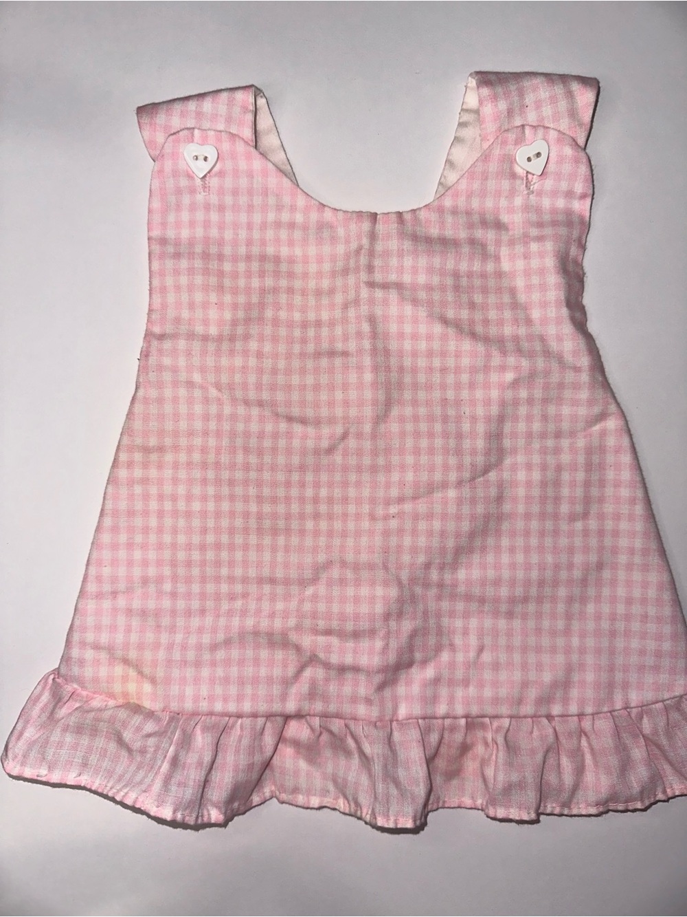 Vintage Pink Gingham Girls Crossback Outfit with Heart Buttons Size 18 Months